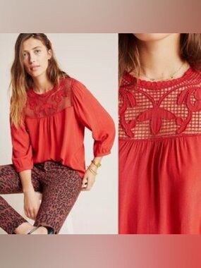 Anthropologie Daniel Rainn Crimson Crochet Yoke Blouse